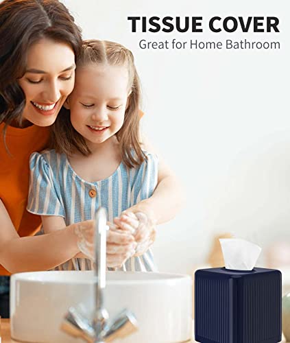 Livelab Tissue Box Cover With Base, Square Plastic Tissue Box Holder Decorative Tissue Cover Modern Cube Facial Tissue Dispenser For Bathroom Vanity Countertop, Living Room, Bedroom, Office -Navy Blue #TOP3