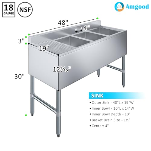 Image of AmGood 48 in. x 18-3 /4 in. Three Compartment Under Bar Sink with Left Drainboard. 48 in. x 18-3 /4 in. x 30 in. with 3 in. Backsplash, 10 in. x 14 in. x 10 in. Bowls. NSF