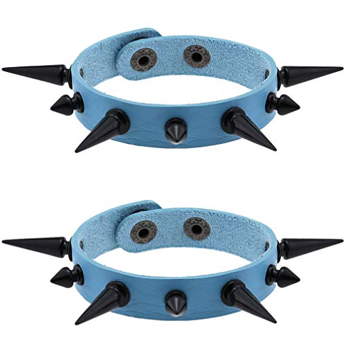 Fm Fm42 Women Blue Pu Simulated Leather Black-Tone Long And Short Rivets Spike Spiked Punk Gothic Adjustable Bracelet, Pack Of 2 #TOP30