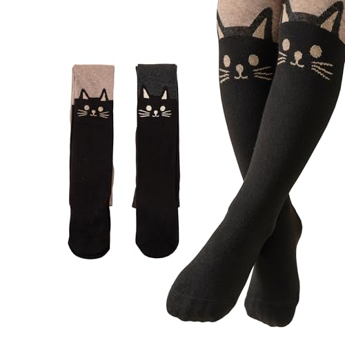 Silkglory Collants Filles,2 Pièces Collants Bébé avec Décoration Mignonne de Chaton Bicolore,Leggings Bas sans Couture Collants en Coton Nouveau-né Marron/Noir/Almond 7-9 Ans