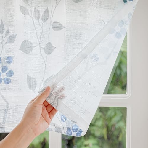 Image of Beauoop Linen Floral Semi Sheer Valance Curtains Kitchen Blue Grey 52x18x1