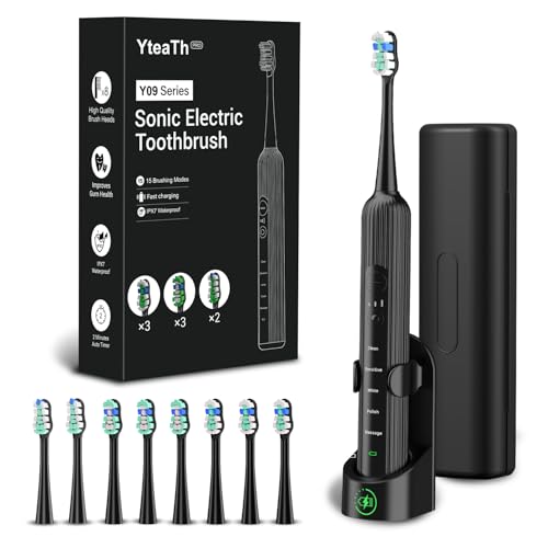 Elektrische Schallzahnbürste für Erwachsene & Kinder, 5 Putzmodi mit 3 Intensitätsstufen, Timer, 8 Ersatzbürstenköpfe & Reiseetui, Wiederaufladbare Sonic Toothbrush Schwarz Elektrische Schallzahnbürste für Erwachsene & Kinder, 5 Putzmodi mit 3 Intensitätsstufen, Timer, 8 Ersatzbürstenköpfe & Reiseetui, Wiederaufladbare Sonic Toothbrush Schwarz