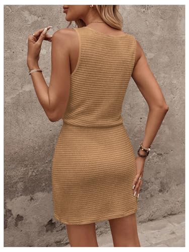 Image of RoseSeek Women's Waffle Knit Belted Tank A Line High Waisted Dresses Square Neck Sleeveless Summer Short Dress