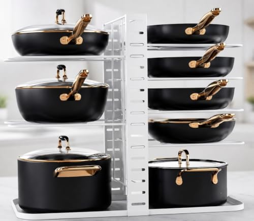 Image of 8-Tier Pots and Pans Organizer Rack for Cabinet, Heavy Duty Adjustable Cookware Storage Holder for Pots, Pans, Lids & Bakeware, Space Saving Kitchen Counter Organizer,