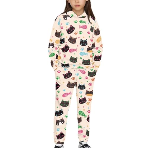 ORGYPET Cat Fish Youth Sweater Set Loose Pullover Sweatshirt L for Youth Comfortable Fashionable Sweatpants Hoodie Set Oversized Sweater Set Youth Loose Fit Classic Active Wear for Unique Style