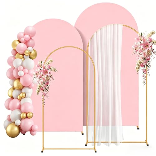 Image of 2 Pack Arch Backdrop Stand and Cover Set (7.2FT /6FT), Balloon Arch Stand | Metal Background Arch Stand, Backdrop Arch Frame, Wedding Arch for Backdrop (Pink Cover)