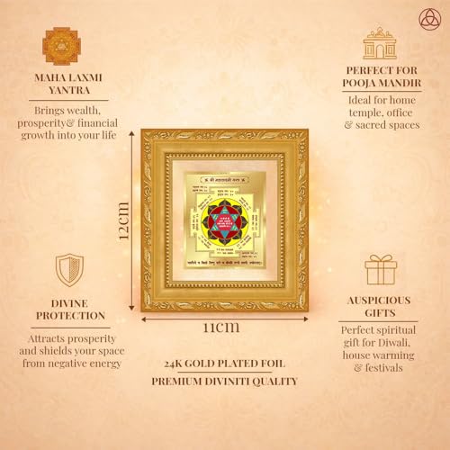 Image of DIVINITI Siddh Energised Maha Lakshmi Yantra | 24k Gold Plated Foil Prosperity Vastu Frame for Home, Office & Puja Room | Spiritual Yantra for Wealth, Fortune & Prosperity (14 X 13 CM)