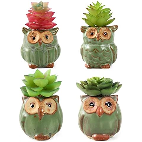 ALAGIRLS Set of 4 Fake Succulents Plant Artificial in Cute Owl Ceramic Pot - Mini Succulents Faux Plants Indoor for Office Decor, Small Succulents Potted Fake Plants for Bathroom, Bedroom, Shelf Decor Cover