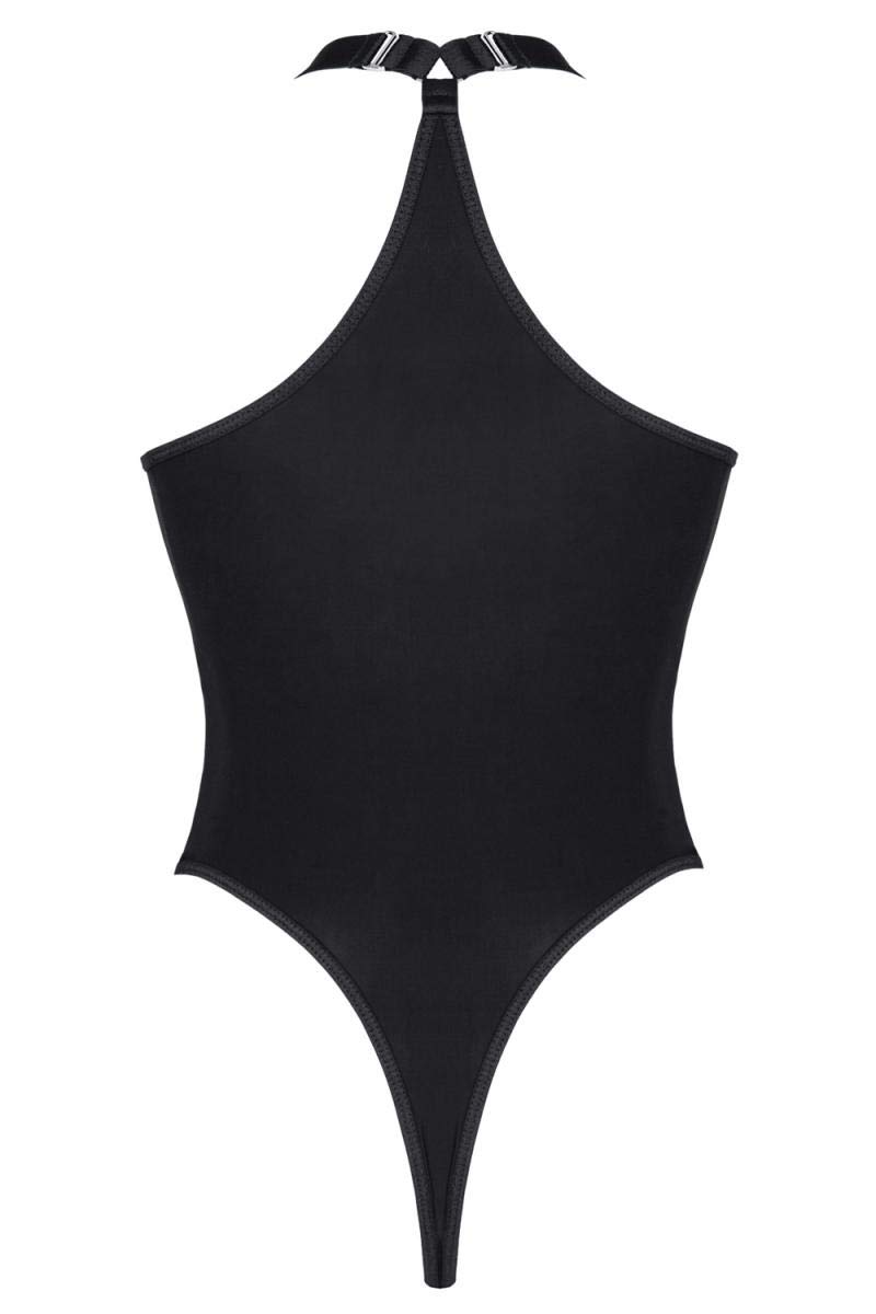Demoniq Schwarzer Frauen Dessous String Body Blickdicht aus Netzstoff, Gummibänder und transparenter Spitze elastisch