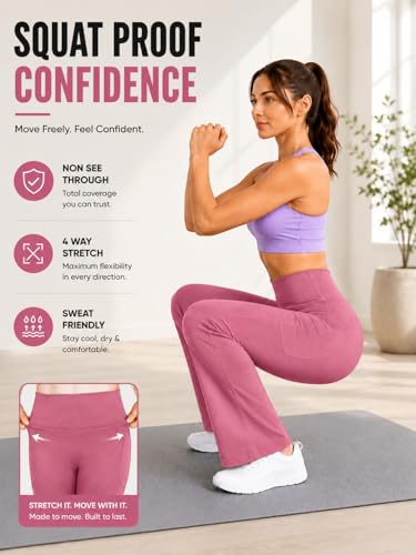 Image of Women's High Waist Bootcut Yoga Pants with Pockets | Flared Leggings for Women | Stretchable Gym Workout Pants | Tummy Control Activewear | Lounge & Travel Wear