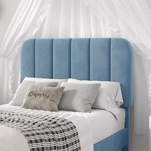 Image of VECELO Twin Size Bed Frame with Upholstered Headboard, Velvet Platform Bedframe Mattress Foundation, Strong Wood Slat Support, No Box Spring Needed,Sky Blue
