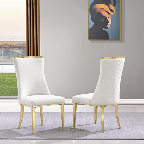 Azhome Dining Chairs, Dining Room Chairs With Diamond Quilted Backrest In White, Contemporary Upholstered Velvet Dining Room Chair Gold Stainless Steel Legs, Set Of 2 #TOP9