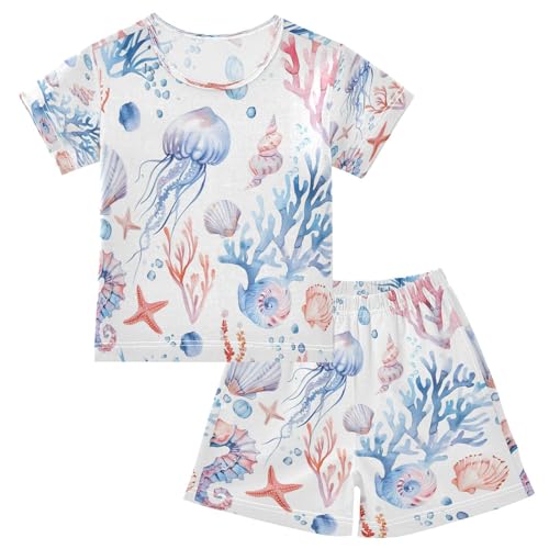 senya Short Sleeve Pajamas Sets Summer Cotton Sleepwear Jellyfish Seahorse Shells