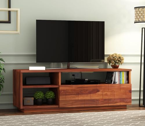 Image of Solid Sheesham Wood TV Unit with 3 Shelves & Drawer Storage - Elegant Wooden TV Unit for Living Room | Fits up to 55-inch TV - Solid Living Room Furniture (Reck, Honey Finish)