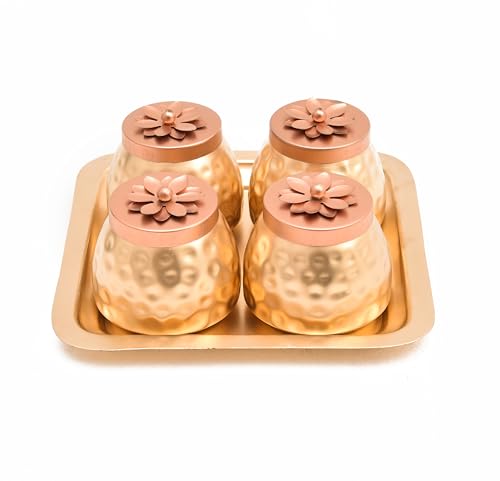 Image of Sanvatsar Square Shape Metal Basket with Jar Tray 4 Copper Flower Container Dry Fruits Chocolate Sweets Candys Gifts Set for Office, Home Decor Table Decoration Item (Pack of 4 Tray Plain)