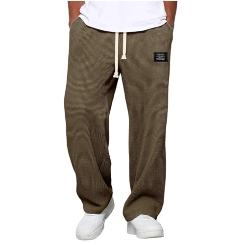 Mens Waffle Pants,Drawstring Waist Solid Wide Leg Trousers Loose Fit Lightweight Breathable Hiking Sweatpants