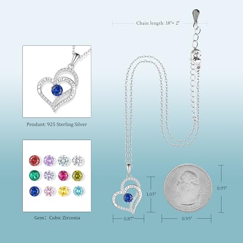 Heart Birthstone Silver Necklace for Women, S925 Sterling Silver Pendant Necklace Birthday Jewelry Gifts for Her Mother Mom Wife Girlfriend2