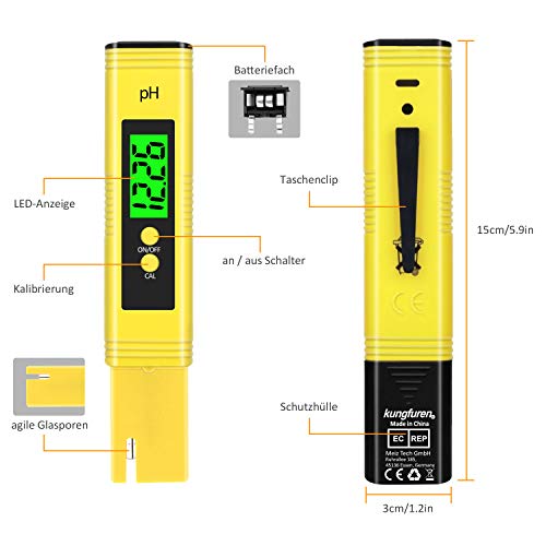 Foto von kungfuren PH Messgerät, Digital PH Wert Messgerät mit LCD Anzeige, Wasserqualität Tester für Trinkwasser/Schwimmbad/Aquarium/Pool, Hohe Genauigkeit, 0.00-14.00 Messbereich