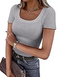 ANRABESS Women Short Sleeve Tops Scoop Neck Ribbed Knit Slim Fitted Basic Tee Shirts Casual Summer Clothes 2026 Fall Outfits Grey Medium