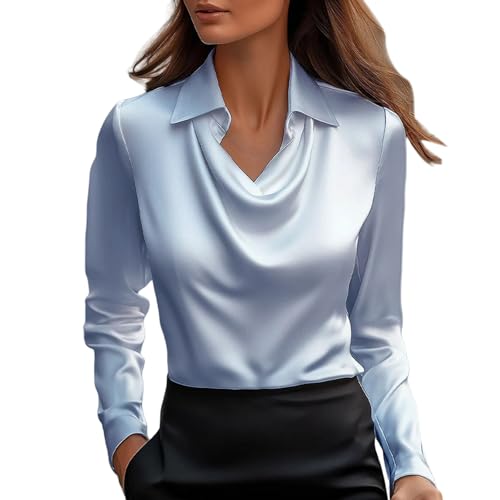 ZTFYKLIN Blusa Mujer Elegante De Satén con Cuello Vuelto Y Manga Larga para (Blue, XXL) Camiseta Blazer Rayas Camisa Satinada Camisas Tallas Grandes Terciopelo Saten Blusas Negra Fiesta Blancas