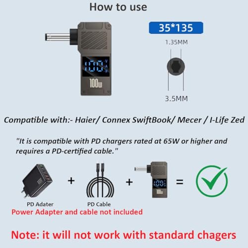 Image of ETZIN USB C Female to DC Adapter, 90 Degree USB C to 3.5 x 1.35 mm, DC Barrel Jack Plug Converter, 100W 5A PD Portable Power Charger Connector for Laptop