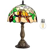 WERFACTORY Tiffany Table Lamp Stained Glass Bedside Lamp Double Tropical Birds Desk Reading Light 12X12X18 Inches Decor Bedroom Living Room Home Office S803 Series