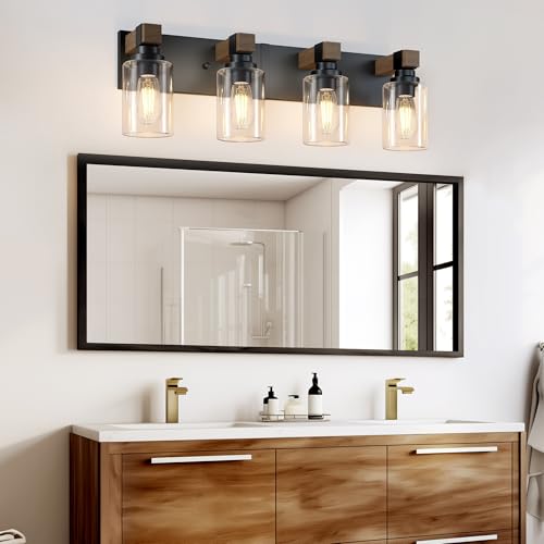 Image of Farmhouse Bathroom Vanity Light Fixtures, Rustic 4-Light Wood Vanity Lights for Bathroom, Vintage Black Wall Sconces Lighting, Light fixtures Over Mirror, with Glass Shade