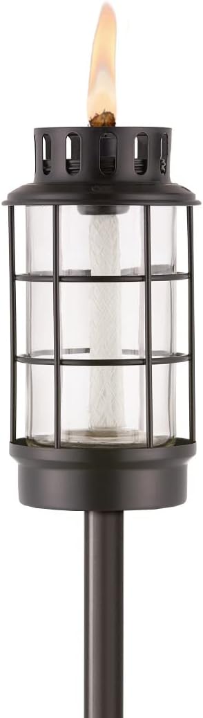 TIKI Outdoor Glass Lantern Torch, Weather-Resistant Adjustable 65" Patio Garden Torch with 4-Piece Pole, Fiberglass Wick & Snuffer, Black