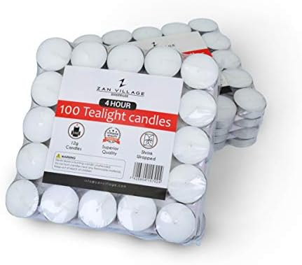 Zan Village Homeware Tea Light Candles 100 Pack - 4 Hour Burn Time - White Tea Lights Unscented For Use Around The Home Or In A Wax Burner