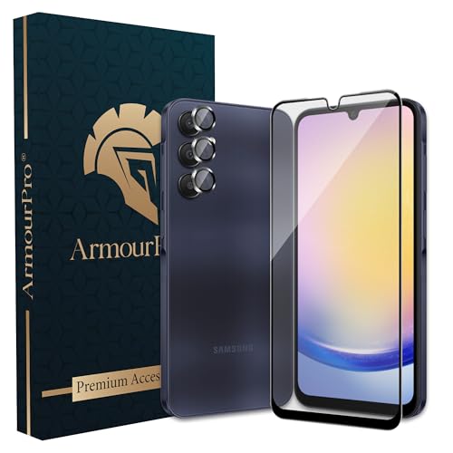 Image of ArmourPro Military-Grade Tempered Glass Compatible with Samsung Galaxy A25 5G (6.5 Inch) with Black Camera Ring Protector & Installation Kit | Edge to Edge Coverage