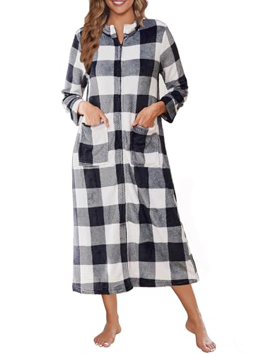 Image of Ekouaer Women Zipper Robe Fleece Long Sleeves Bathrobe Sleepwear Warm Soft Housecoat with Pockets Zip Up House Dresses