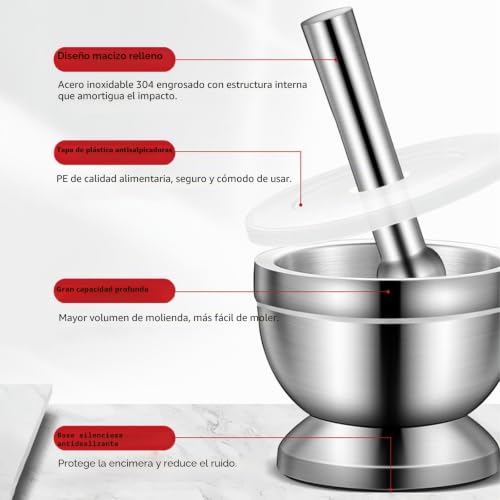 Miniatura 3 de Mortero Con Mano - Mortero Cocina - Mortero De Acero Inoxidable 304 Con Tapa Pe, Diámetro 10 Cm - Antióxido, Duradero - Para Moler Especias, Hierbas, Ajo, Nueces