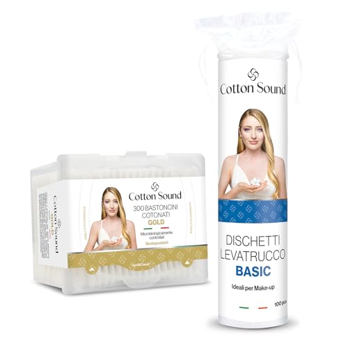 Cotton Sound GOLD Bastoncini Cotonati 1 confezione x 300 Pezzi, Scatola Apri e Chiudi, Bastoncini Cotonati in Carta Biodegradabile & BASIC Dischetti Struccanti 100 Pezzi