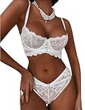 Sexy Lingerie Set For Women Lace Floral Embroidery Bra and Panty 2 Pieces Push Up Underwear Set Underwire Babydoll Sleepwear (White, L)