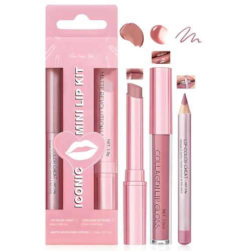 ICONIC Mini Lip Kit in Pillow Sweet Talk - 3-Piece Matte Lipstick, Collagen Lip Gloss & Retractable Liner, Soft Pink Nude Long-Wearing Smudge-Resistant Travel Size Makeup Set