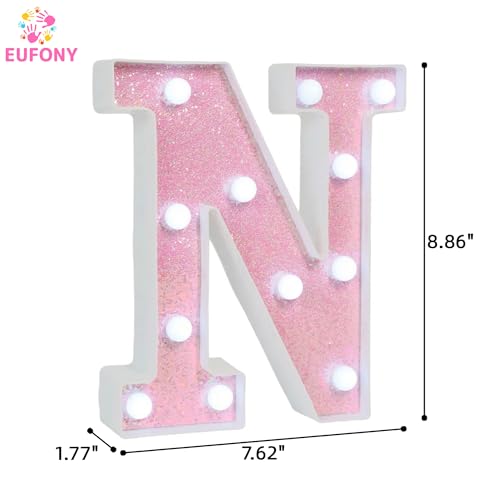Image of Pink Glitter Marquee Light Up Letters, Battery Operated LED Letter Lights Signs for Pink Birthday Party Table Decorations, Wall Decor for Girls Bedroom, Initial Letter N with Cool White Lights