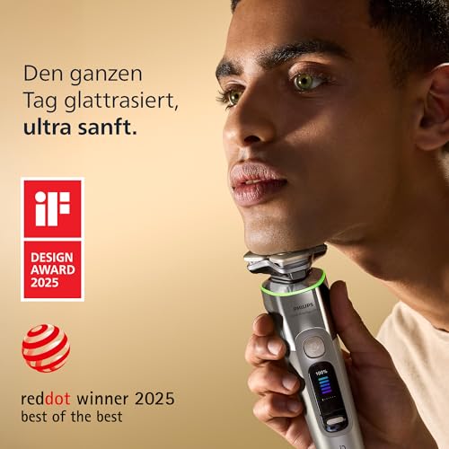 Philips Rasierer i9000 Prestige Ultra für Herren, Nass- und Trockenrasur, chrom, Druck- und Bewegungssensor, 5+1 Bartstyler… – Ansicht 2