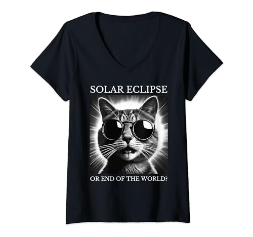Mujer América, 2024, eclipse, solar, gato divertido con gafas Camiseta Cuello V