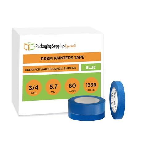 PSBM Blue Painters Tape, 0.75 Inch x 60 Yards, 1536 Pack, Bulk Multipack, Easy Tear Design, 3/4 Inch Masking Tape for Multi-Surface Use