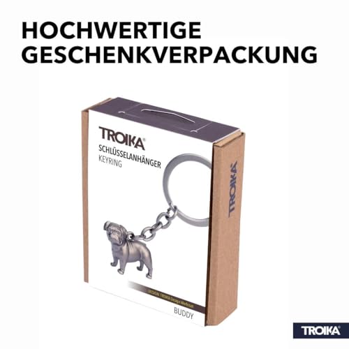 TROIKA Schlüsselanhänger Hund Mops BUDDY Geschenk für Hundeliebhaber aus 3-D-Metallguss mit Schlüsselring, verchromt, matt, gunmetal Original