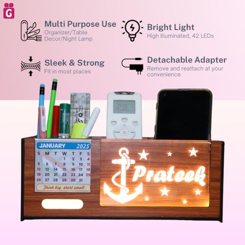Image of stylish wooden pen stand | pen holder | desk organiser for office /study table with calendar &LED name light | customised personalised gift for men, women, girls - 3Box natural teek, brown