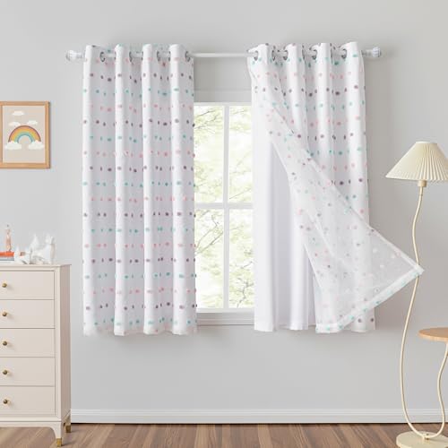 MYSKY HOME White Curtains with Rainbow Pom Pom for Bedroom 63 Inch 2 Panels