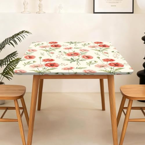 Lukery Mantel Cuadrado con Bordes Elásticos, Manteles Antimanchas, Lavable Cortaviento Oxford Impermeable, para Cocina Comedor Picnic Fiestas, Patrón de la Planta (Amapola,176x176cm)