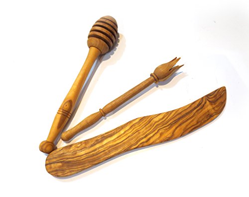 Set of 3 Olive Wood Kitchen Tools, 1 Honey Dipper, 1 Butter Spreader and 1 Olive Picker
