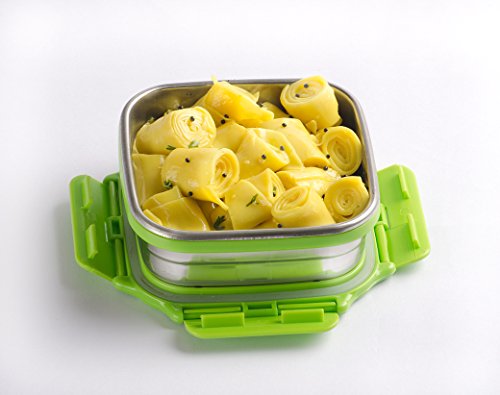 Image of Veigo Set of 3 Medium Stainless Steel Square Lunch Boxes (330ML) | Airtight & Leakproof | Silicon Ring & Polymer Frame with Secure Lid Lock| Green
