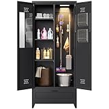 YITAHOME 71' Metal Garage Broom Cabinets with Doors and Adjustable Shelves, Vacuum Storage Cabinet with Drawer, Tool Storage Cabinet for Gym, Basement, Warehouse, Black
