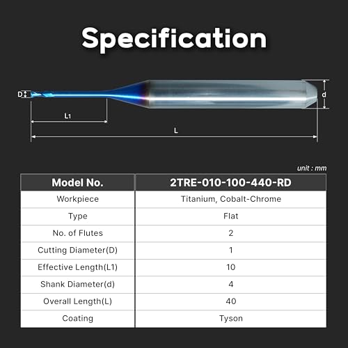 Image of Tyson-Coated Milling Bur 1mm - Compatible with Redon CAD /CAM Systems for Titanium, Cobalt-Chrome, 4mm Shank, 2-Flute, Ball-Type Carbide Endmill