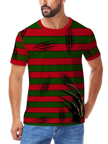 Men Halloween T-Shirt Red Green Stripe Claw Print Costume Spooky Short Sleeve Festival Cosplay Top S
