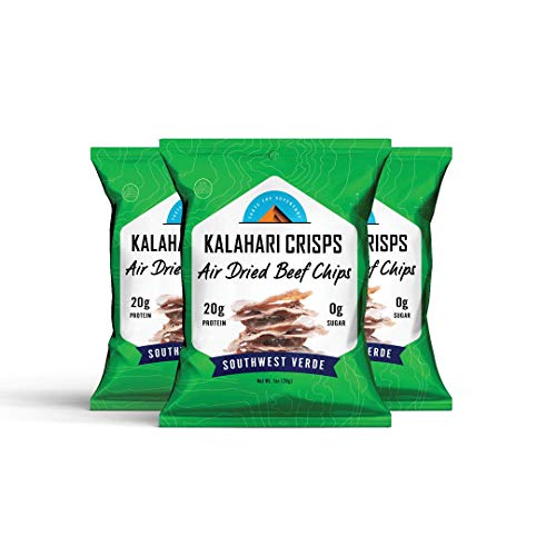 Kalahari Biltong Crisps | Southwest Verde Flavor | Air Dried Beef Chips | 20g of Protein | Keto-Friendly, Soy-Free, Gluten-Free and Zero Sugar! | Three 1 Ounce. bags Kalahari Biltong Crisps | Southwest Verde Flavor | Air Dried Beef Chips | 20g of Protein | Keto-Friendly, Soy-Free, Gluten-Free and Zero Sugar! | Three 1 Ounce. bags