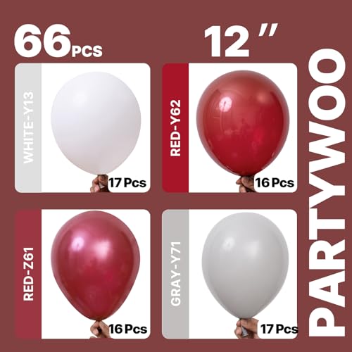 Image of PartyWoo Burgundy White and Gray Balloons 66pcs 12 Inch Burgundy Maroon White Grey Balloons for Graduation Baby Shower Birthday New Year's Eve Anniversary Bachelorette Retirement Party Decorations